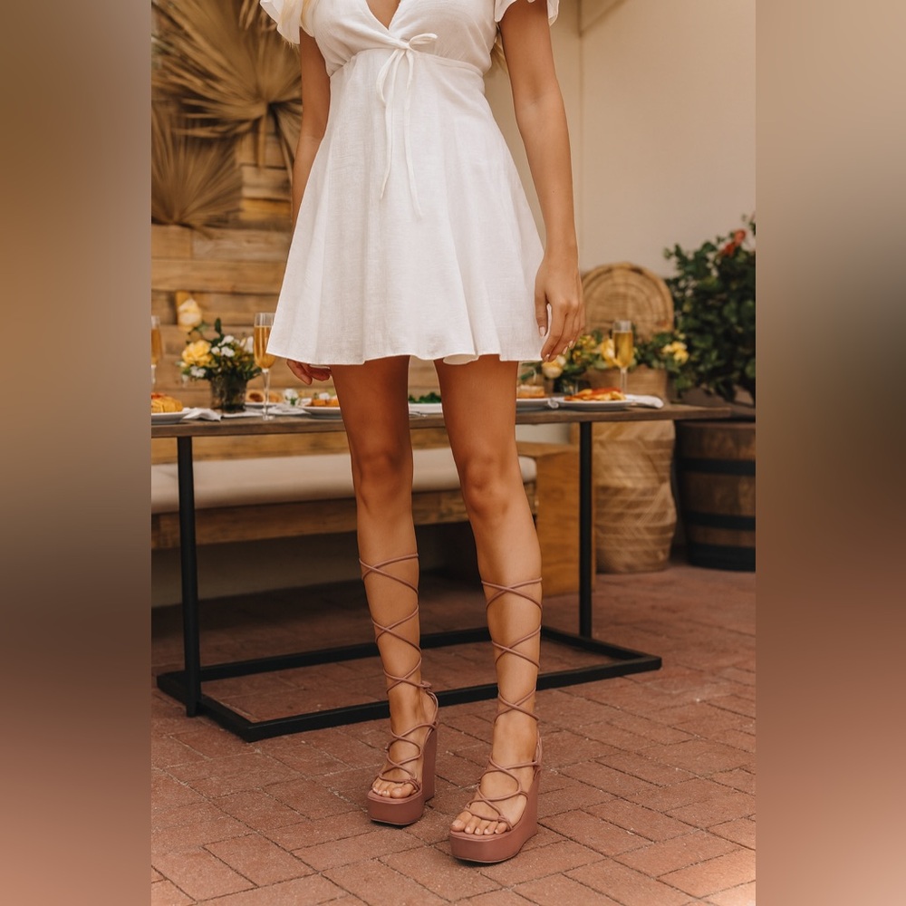 BAMBOO Nude Lace-up Wedge Sandals High Platform